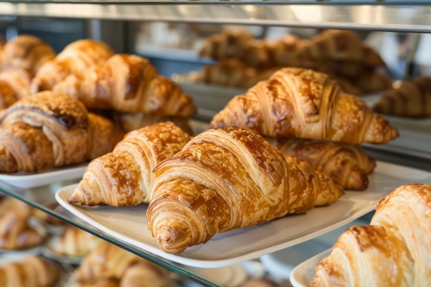 Croissants variados en platos en la exhibición de la panadería