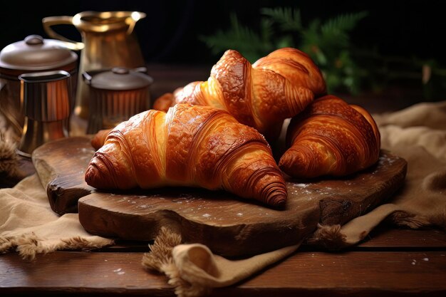 Croissants en una vieja mesa de madera