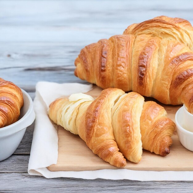 Foto croissants en una vieja mesa de madera