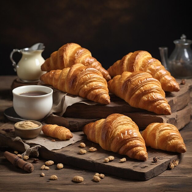 Croissants en una vieja mesa de madera