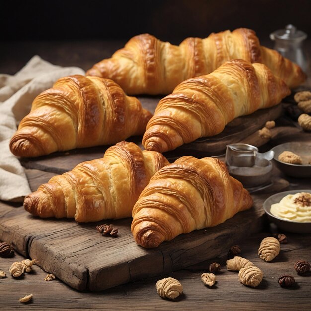 Croissants en una vieja mesa de madera