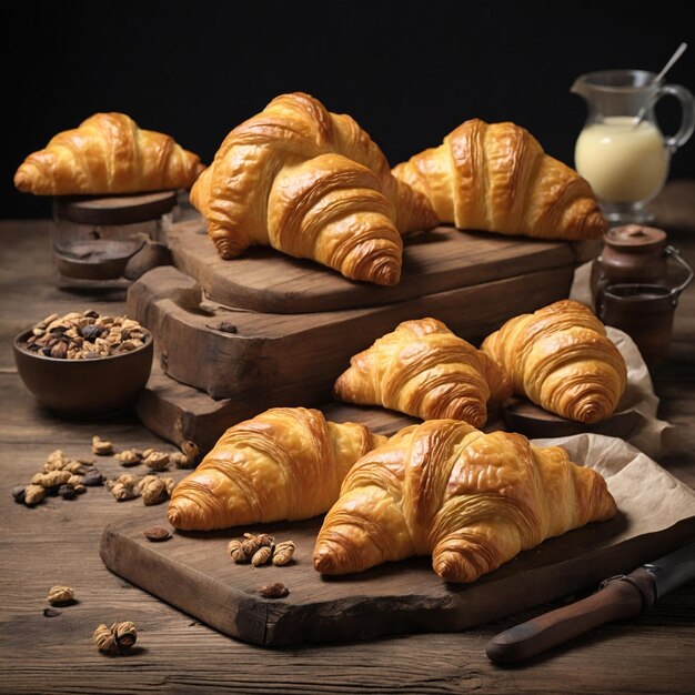 Croissants en una vieja mesa de madera