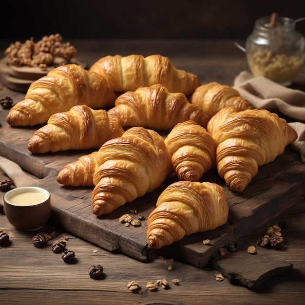 Croissants en una vieja mesa de madera