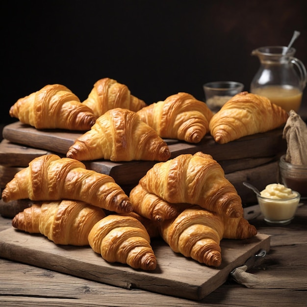 Croissants en una vieja mesa de madera