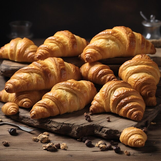 Croissants en una vieja mesa de madera