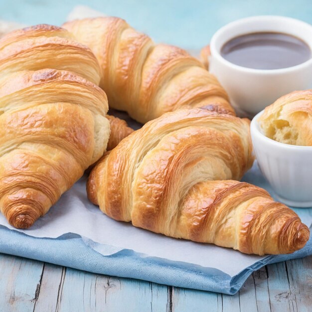 Croissants en una vieja mesa de madera