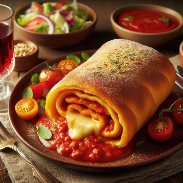 Un cromboloni con relleno de queso y salsa de tomate