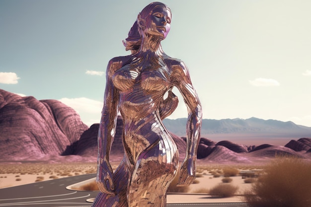 Crome-Roboterfrauenporträt in der Stadt Künstliche Intelligenz steigt und glänzende mechanische Schönheit generierte KI