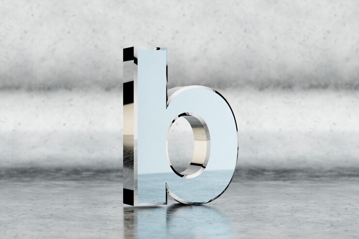 Foto cromo 3d letra b minúscula. letra de cromo brillante sobre fondo de metal rayado. alfabeto metálico con reflejos de luz de estudio. carácter de fuente renderizado 3d.