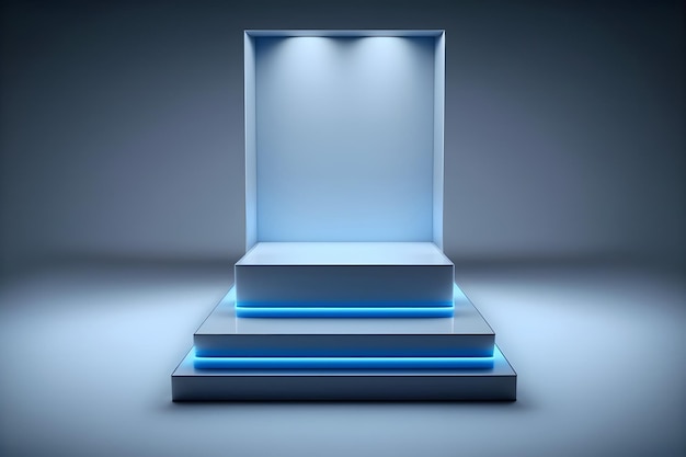 Foto cromo metálico azul podio reflejo neón vidrio formas geométricas futurismo colores pastel un escaparate para un producto de belleza 3d render