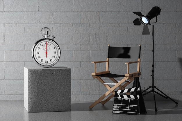 Cronómetro con pantalla en blanco cerca de Director Chair Movie Clapper y Spotlight 3d Rendering