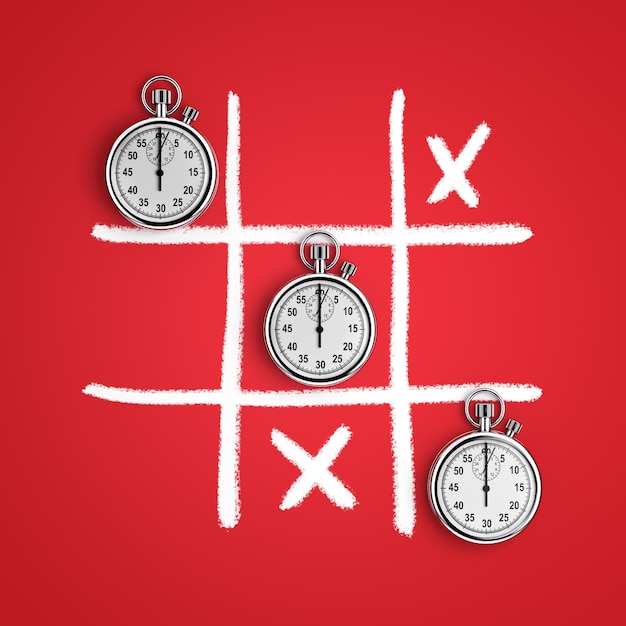 Cronômetros no jogo Tic Tac Toe em uma renderização 3d de fundo vermelho