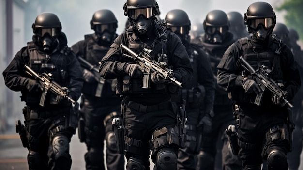 Crop irreconhecível swat policial em capacete armadura corporal e máscara médica indo para a operação com rifle de assalto