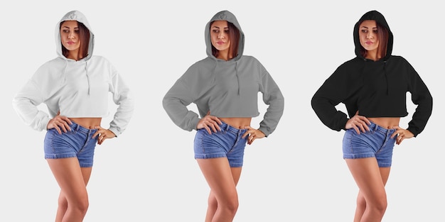 Crop top Hoodie blanco gris negro crop top en una hermosa chica con pantalones cortos azules con capucha