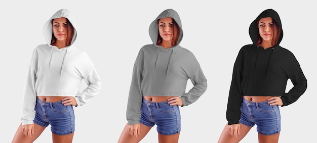 Crop Top Hoodie weiß grau schwarz Crop Top auf einem schönen Mädchen in blauen Shorts mit Kapuze