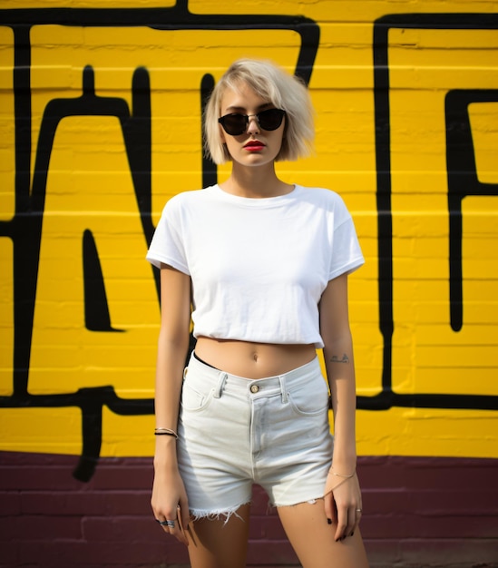 Crop Top Weißes T-Shirt-Modell, stilvolles Mädchen auf der Straße, Boho-Frau mit Tätowierungen, Sonnenbrillen-Vorlage