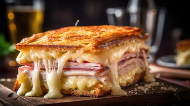 Croque monsieur é um sanduíche quente feito com presunto e queijo