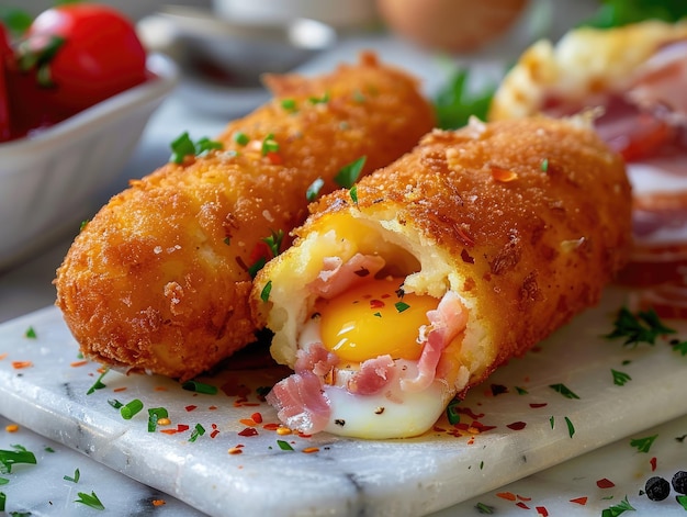 Croquetas caseras españolas de jamón sobre fondo rústico de mármol fritas tradicionales y típicas