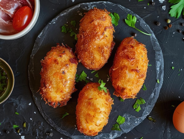 Croquetas españolas caseras Croquetas rústicas de jamón Un plato típico de huevo frito