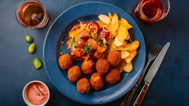 Croquetes de presunto e frango com tomate frito e batatas fritas