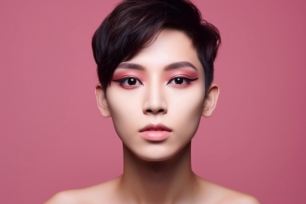 Crossdressing mit Make-up-Studio-Porträt eines jungen Transgender- oder Transvestiten-Mannes Lippenstift Fash