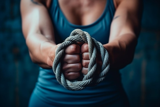 Crossfit-Sportlerin mit Seil in den Händen in einem Moment der körperlichen Überwindung, die Ausdauer inspiriert