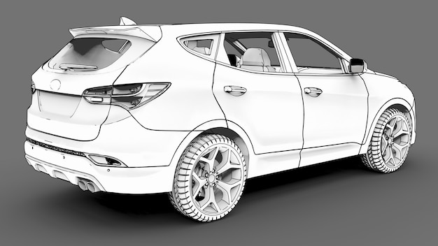 Crossover compacto de ciudad de color blanco sobre fondo gris. Imagen esquemática monocromática con sombras en la superficie. Representación 3D.