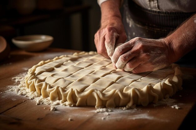 Crosta de torta sendo encolhida com os dedos para uma fotografia de foto de torta de aparência rústica