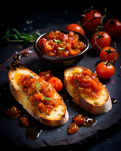 Foto crostinis tomate chutney arranjado