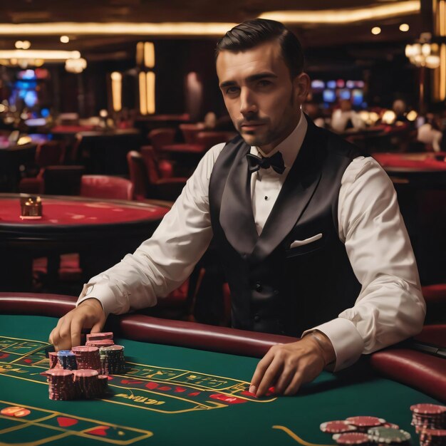 Croupier atrás da mesa de jogo em um cassino em fundo preto o conceito de vitória