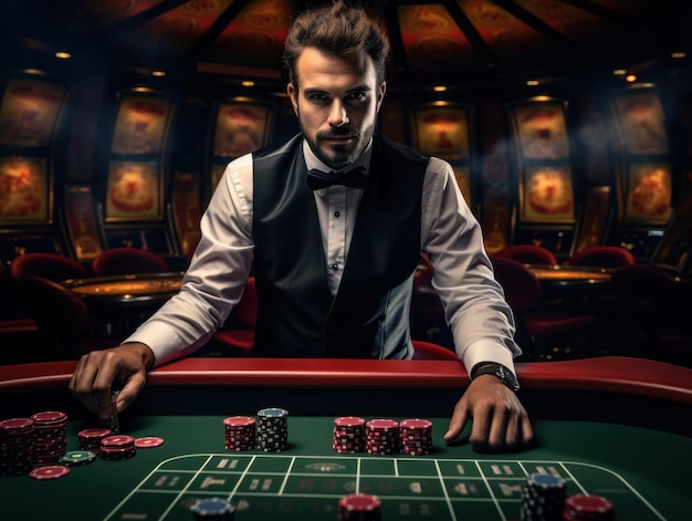 Croupier detrás de una mesa de juego en un casino