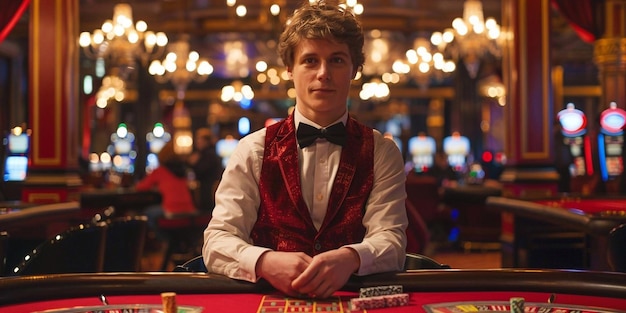 Foto croupier hinter dem spieltisch in einem casino