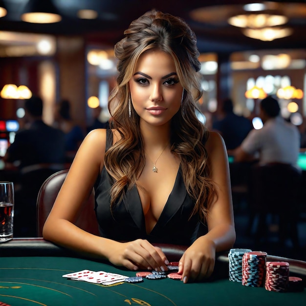 Croupier-Mädchen am Pokertisch im Pokerraum für das Poker-Spiel Casino Texas Online-Spiel