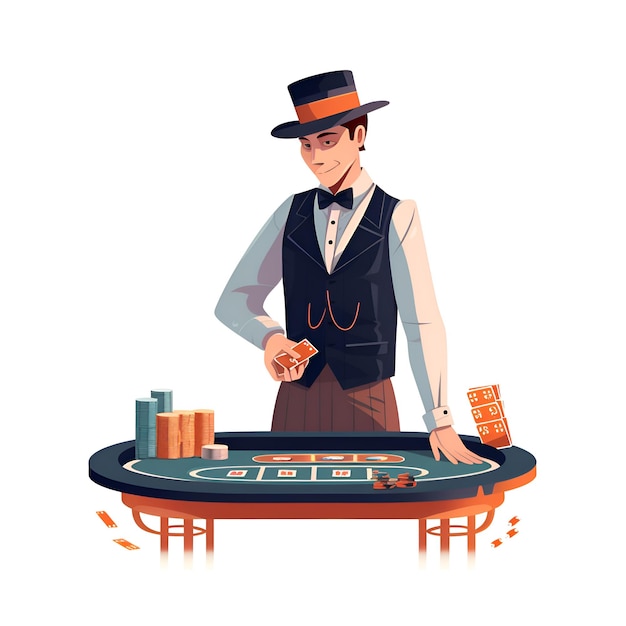 Foto croupier mit zylinder und bowler-anzug spielt roulette. illustration des casino-konzepts im cartoon-stil