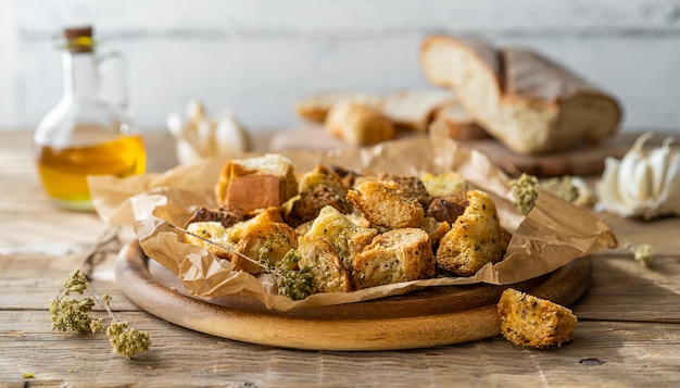 Croutons caseiros com especiarias feitas de pão amanhecido