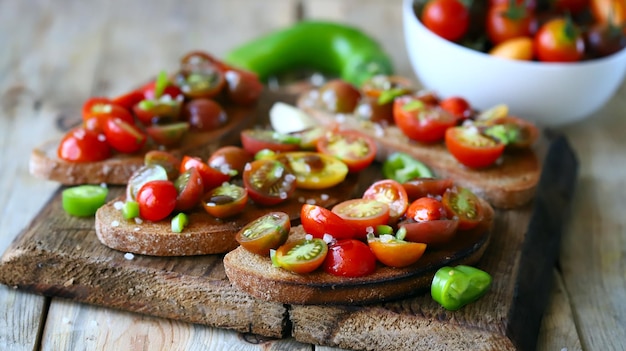 Croutons mit Kirschtomaten, Knoblauch und Peperoni. Gesunde Bruschetta mit Tomaten.