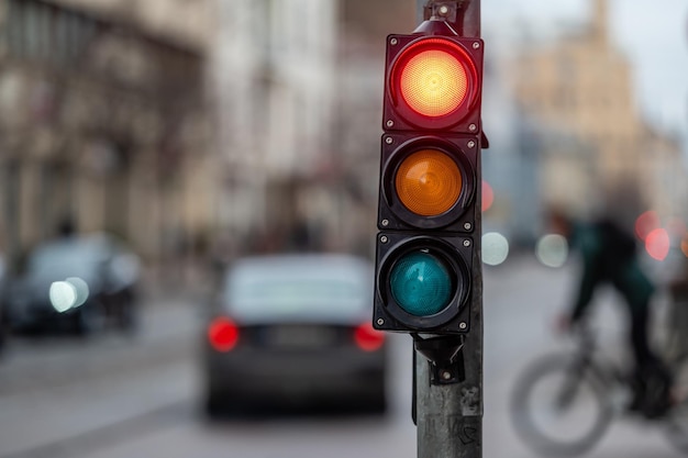 un cruce de la ciudad con un semáforo sobre fondo borroso con coches en las calles de la noche con luz roja