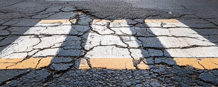 Cruce peatonal dañado que muestra deterioro del asfalto y grietas