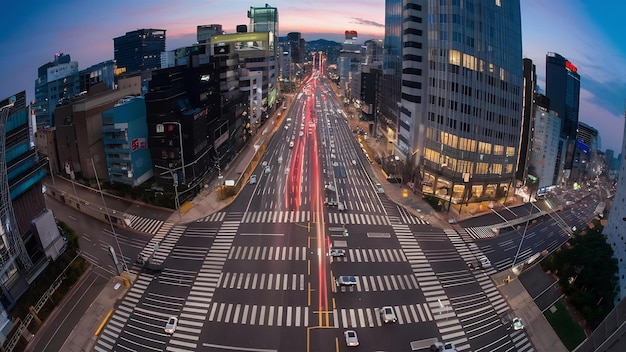 Foto el cruce de shibuya desde arriba al crepúsculo en tokio, japón