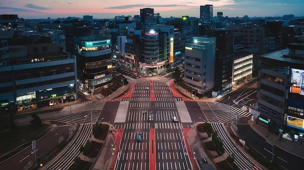 Foto el cruce de shibuya desde arriba al crepúsculo en tokio, japón