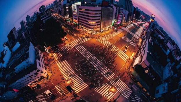 Foto el cruce de shibuya desde arriba al crepúsculo en tokio, japón