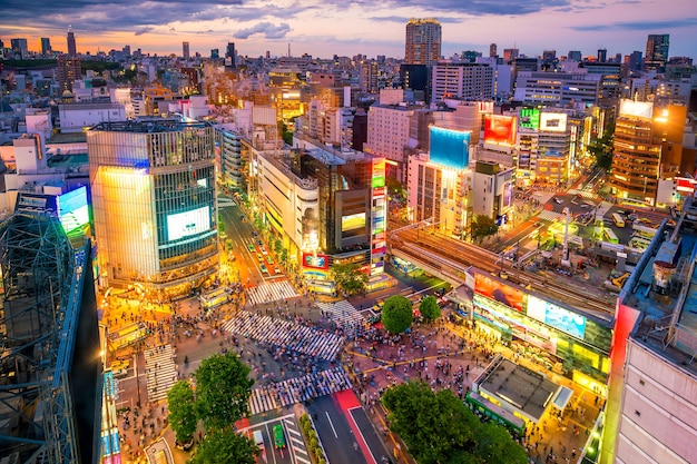 Cruce de Shibuya desde la vista superior al atardecer en Tokio, Japón