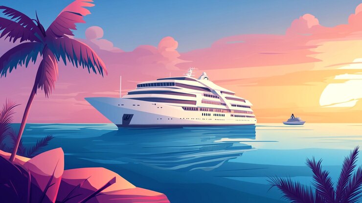 Un crucero anclado cerca de una isla tropical al atardecer en un océano tranquilo