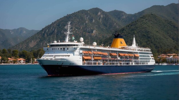 Foto un crucero anclado en una tranquila bahía azul.