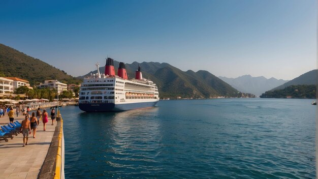 Foto un crucero anclado en una tranquila bahía azul.