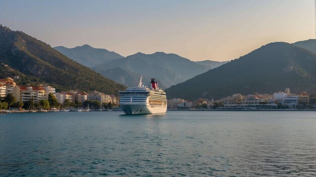 Un crucero anclado en una tranquila bahía azul.