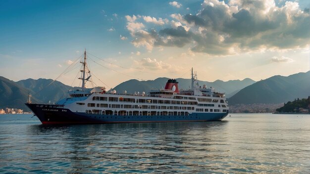 Un crucero anclado en una tranquila bahía azul.