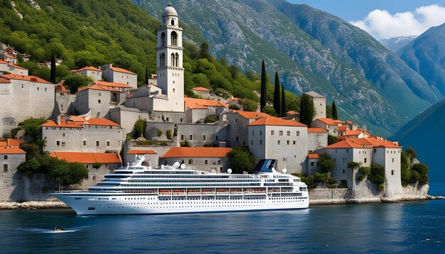 Foto un crucero está atracado en el agua cerca de una ciudad