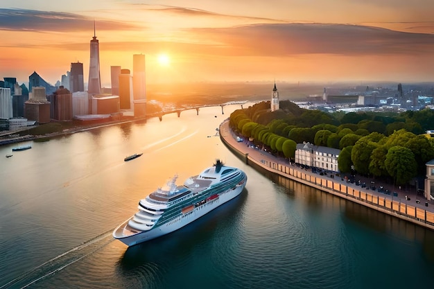 Foto un crucero está atracado frente al horizonte de una ciudad.