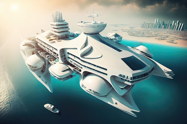 Crucero Drone futurista Barco volando en el cielo IA generativa